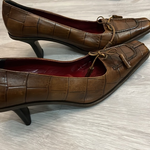 Fratelli Rossetti Pump Heel Brown Leather‎ Embossed Square Toe Women Sz EUR 38.5 - Picture 12 of 16